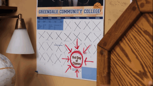 a calendar for greendale community college shows the first day of classes marked
