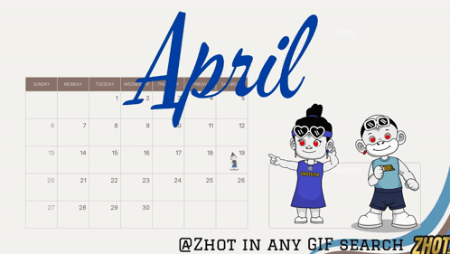 A Calendar For The Month Of April With A Boy And Girl On It GIF
