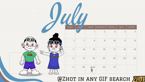A Calendar For The Month Of July With Cartoon Characters GIF