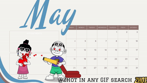 A Calendar For The Month Of May With A Boy And A Girl On It GIF