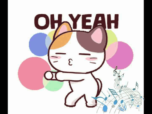 A Calico Cat Is Dancing With The Words Oh Yeah Above It . GIF