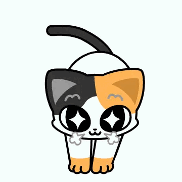 A Calico Cat Is Sitting Down With Its Paws Crossed And Looking Up At The Camera . GIF