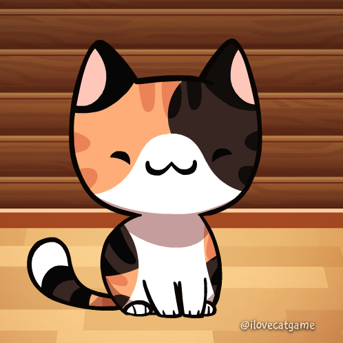 A Calico Cat Is Sitting In Front Of A Wooden Wall With The Words " I Love Catgame " Below It GIF