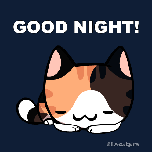 A Calico Cat Sleeping With The Words Good Night Written Above It GIF