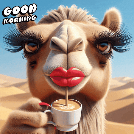A Camel With Red Lips Is Drinking From A Cup GIF