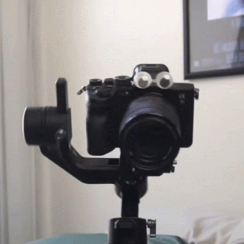 A Camera With Googly Eyes On It Is On A Tripod GIF
