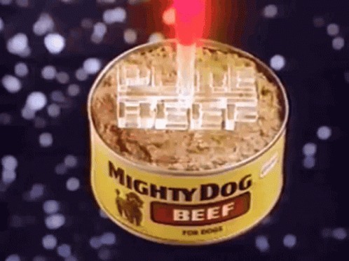 A Can Of Mighty Dog Beef With A Red Laser Beam Coming Out Of It GIF