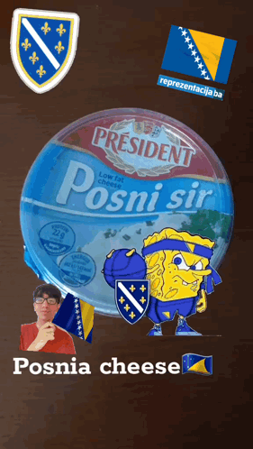 A Can Of President Posni Sir Low Fat Cheese With A Spongebob Character On It GIF