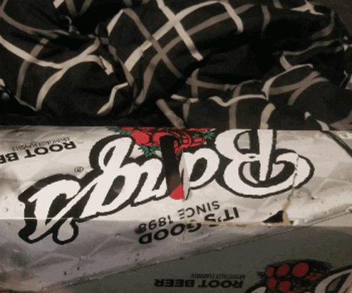 A Can Of Root Beer Sits On A Bed Next To A Plaid Blanket GIF