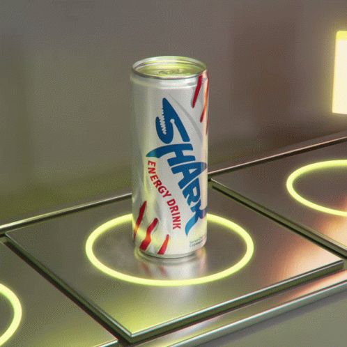 A Can Of Shark Energy Drink Sitting On Top Of A Metal Surface GIF