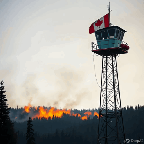 A Canadian Flag Is Flying Above A Fire Tower GIF
