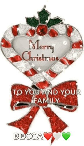 A Candy Cane In The Shape Of A Heart With The Words Merry Christmas To You And Your Family On It GIF