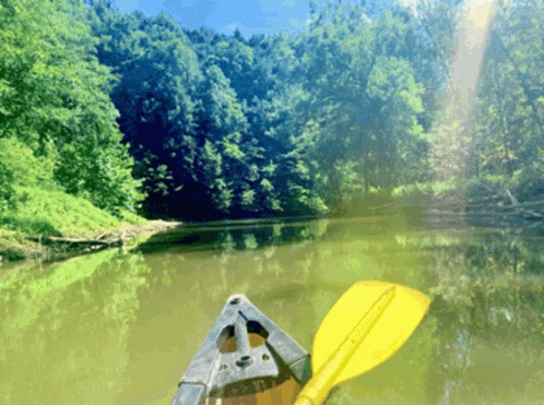 A Canoe With A Yellow Paddle Is Floating Down A River GIF