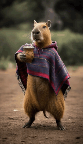 A Capybara Wearing A Poncho Is Drinking From A Cup GIF