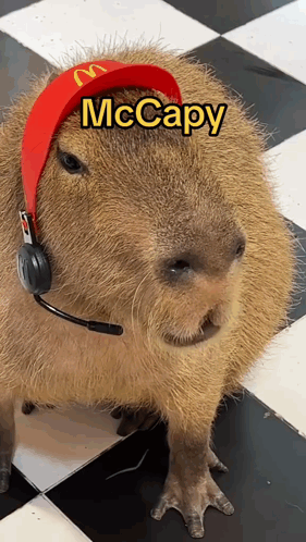 A Capybara Wearing A Red Mcdonald 'S Hat And Headphones Named Mccapy GIF