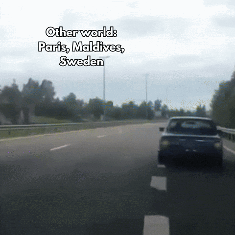 A Car Driving Down A Highway With The Words Other World Paris Maldives Sweden GIF