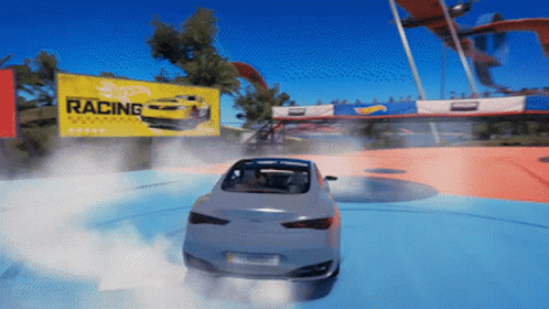 A Car Is Drifting On A Track With A Sign That Says Racing In The Background GIF