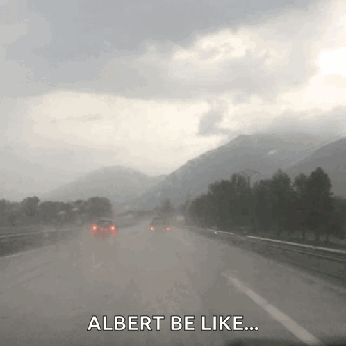A Car Is Driving Down A Highway With The Words Albert Be Like Below It GIF