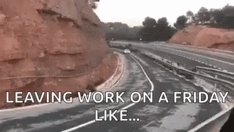 A Car Is Driving Down A Highway With The Words `` Leaving Work On A Friday Like '' . GIF