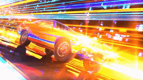 A Car Is Driving Down A Road At Night With A Lot Of Lights Coming Out Of It . GIF