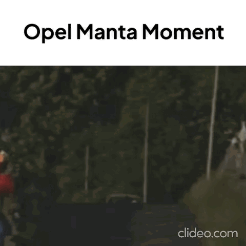 A Car Is Driving Down A Road With The Words Opel Manta Moment On The Bottom GIF