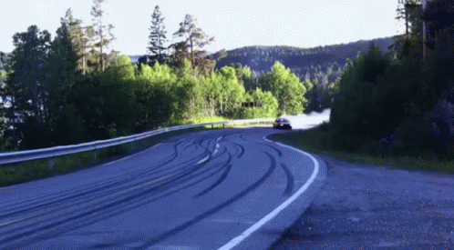 A Car Is Driving Down A Road With Trees On The Side GIF