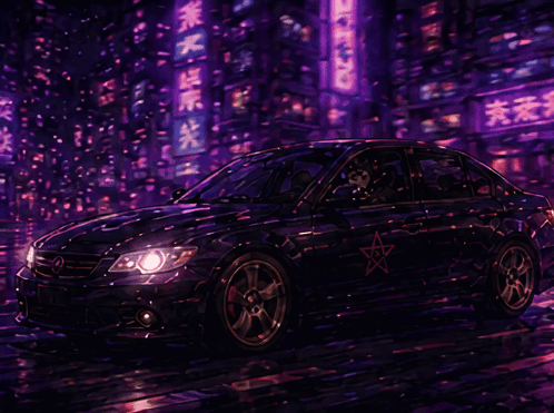A Car Is Driving Down A Street At Night With Hearts Coming Out Of It GIF