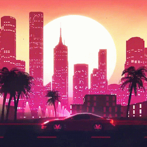 A Car Is Driving Past A City Skyline At Sunset . GIF