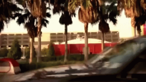 A Car Is Driving Past A Tent And Palm Trees In Front Of A Building GIF