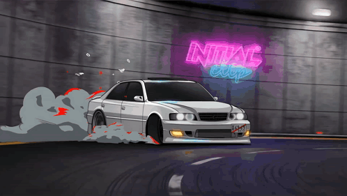 A Car Is Driving Through A Tunnel With A Neon Sign That Says Initial GIF
