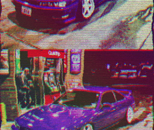 A Car Is Parked In Front Of A Gas Station With A Glitch Effect . GIF