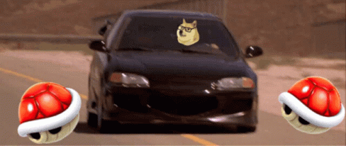 A Car With A Doge On The Windshield Is Driving Down The Road GIF