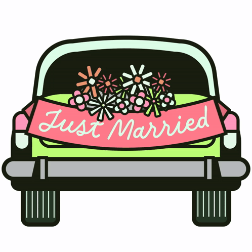 A Car With Flowers And A Just Married Banner On It GIF