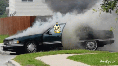 A Car With Smoke Coming Out Of It And The Hashtag #Werpablo On The Bottom Right GIF