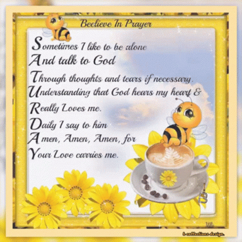 A Card That Says Believe In Prayer With A Bee On A Coffee Cup GIF