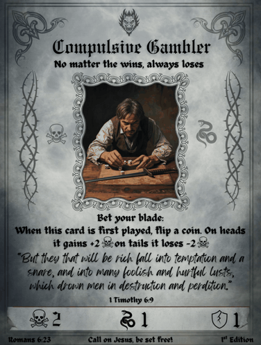 a card that says " compulsive gambler " on the top