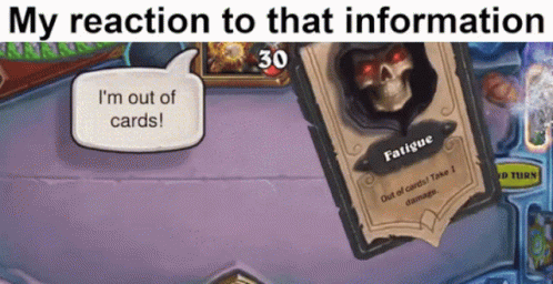 A Card That Says Fatigue Is On A Table With A Speech Bubble Saying I 'M Out Of Cards GIF