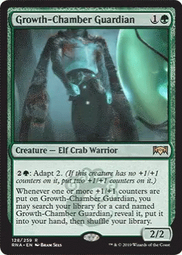 A Card That Says Growth-Chamber Guardian With A Picture Of An Elf Crab Warrior On It GIF