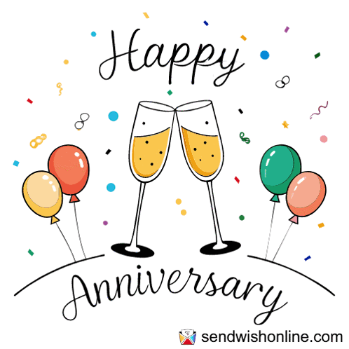 A Card That Says Happy Anniversary With Two Glasses Of Champagne And Balloons GIF