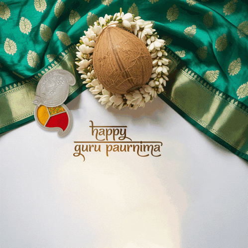 A Card That Says Happy Guru Paurnima With A Coconut And Flowers On It GIF