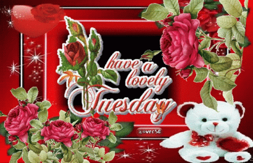A Card That Says Have A Lovely Tuesday With Flowers And A Teddy Bear GIF