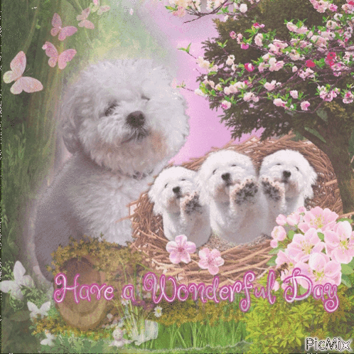 A Card That Says Have A Wonderful Day With A Dog And Three Puppies GIF