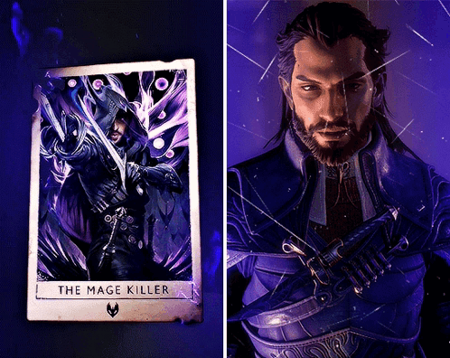 A Card That Says The Mage Killer Next To A Picture Of A Man With Long Hair GIF