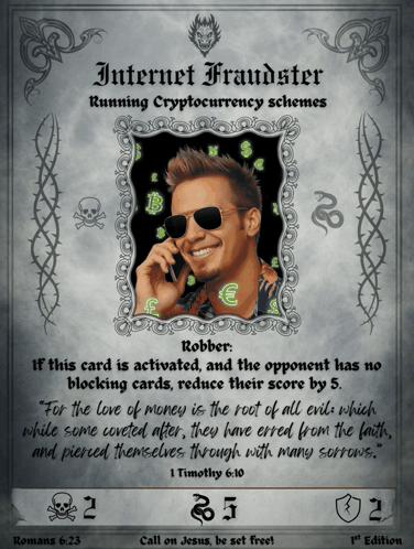 A Card With A Picture Of A Man On It That Says Internet Fraudster GIF