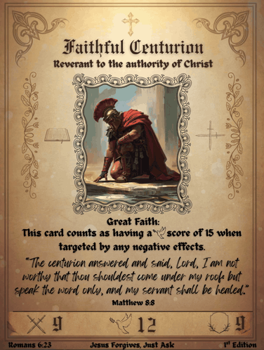 A Card With A Picture Of A Roman Soldier And The Words Faithful Centurion On It GIF