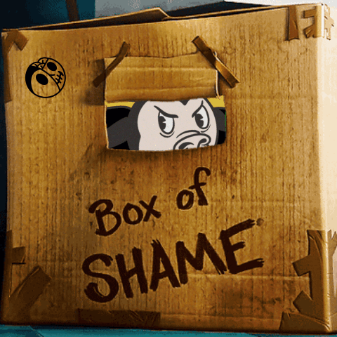 A Cardboard Box That Says Box Of Shame On The Side GIF