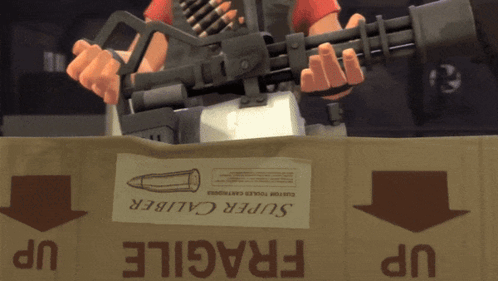 A Cardboard Box With A Label That Says Super Caliber GIF