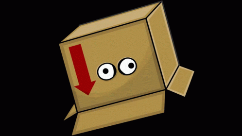 A Cardboard Box With Cartoon Eyes And An Arrow Pointing Down GIF