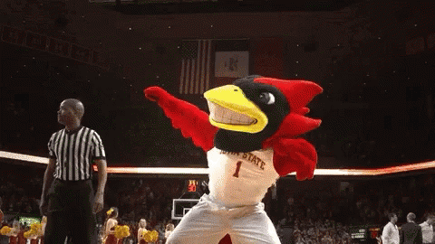 a cardinal mascot is dancing on a basketball court in front of a referee
