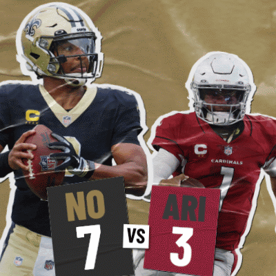 A Cardinals Player Holds A Football Next To A Player From The Saints GIF